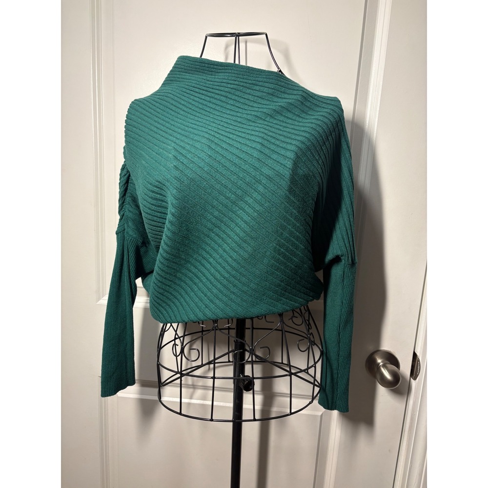 Shein Green Ribbed Asymmetrical Boat Neck Dolman Sleeve Sweater Large